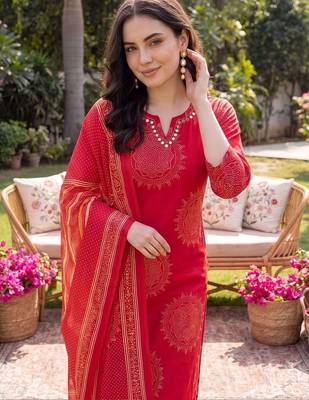 Women Ethnic Motifs Printed Cotton Kurta with Trousers & With Dupatta 2