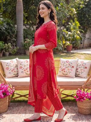Women Ethnic Motifs Printed Cotton Kurta with Trousers & With Dupatta 5