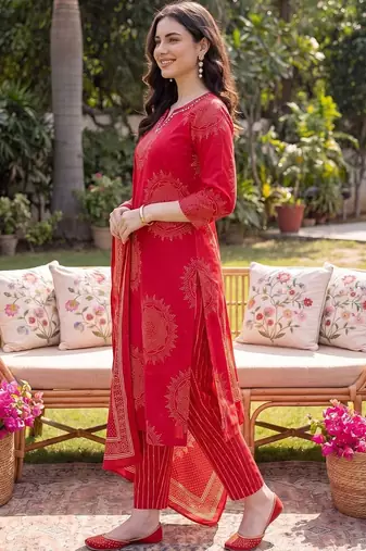 Women Ethnic Motifs Printed Cotton Kurta with Trousers & With Dupatta