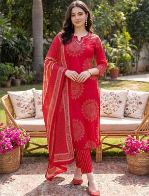 Women Ethnic Motifs Printed Cotton Kurta with Trousers & With Dupatta 6