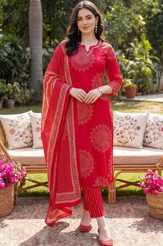 Women Ethnic Motifs Printed Cotton Kurta with Trousers & With Dupatta