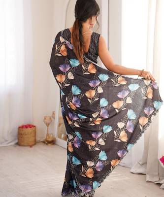 Black chiffon digital print siroski diamond work saree 4