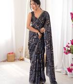 Black chiffon digital print siroski diamond work saree