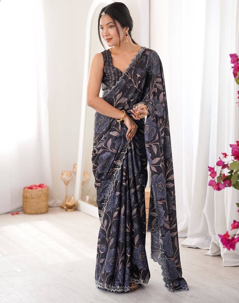 Black chiffon digital print siroski diamond work saree