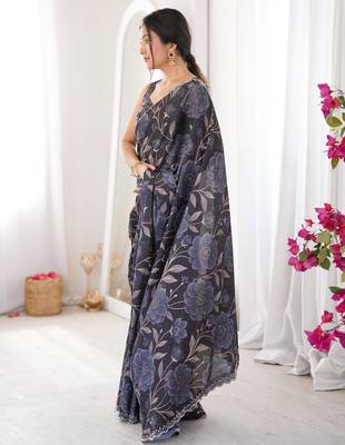 Black chiffon digital print siroski diamond work saree 4