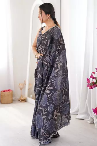Black chiffon digital print siroski diamond work saree