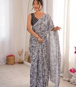 Grey chiffon digital print siroski diamond work saree