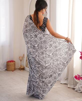 Grey chiffon digital print siroski diamond work saree 3