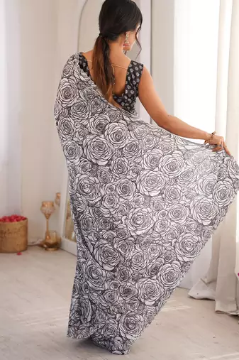 Grey chiffon digital print siroski diamond work saree