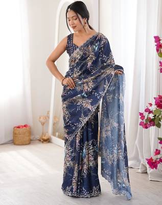 Navy blue chiffon digital print siroski diamond work saree 1