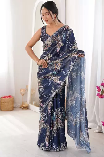 Navy blue chiffon digital print siroski diamond work saree