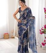 Navy blue chiffon digital print siroski diamond work saree