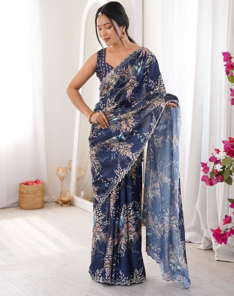 Navy blue chiffon digital print siroski diamond work saree