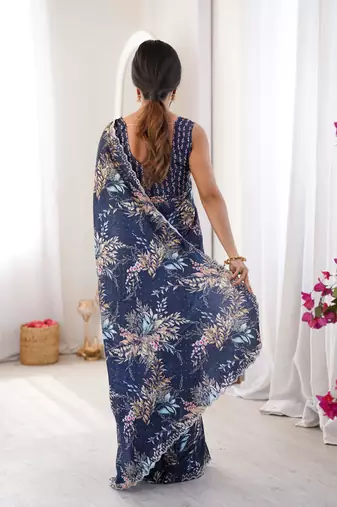 Navy blue chiffon digital print siroski diamond work saree