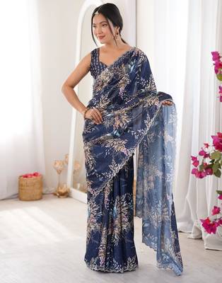 Navy blue chiffon digital print siroski diamond work saree 3