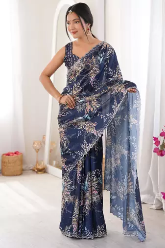 Navy blue chiffon digital print siroski diamond work saree