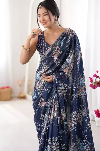 Navy blue chiffon digital print siroski diamond work saree