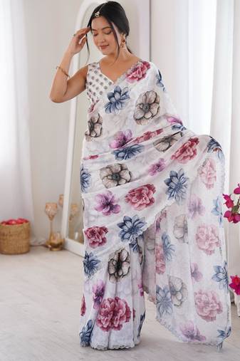 Multicolor chiffon digital print siroski diamond work saree