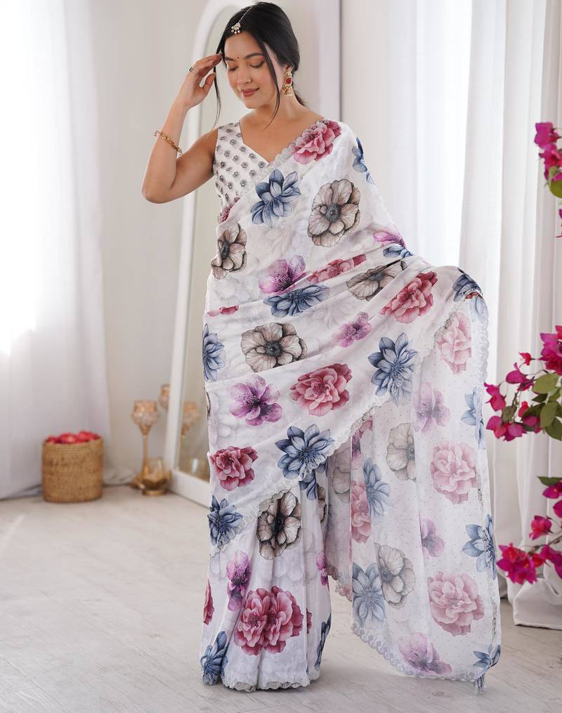 Multicolor chiffon digital print siroski diamond work saree