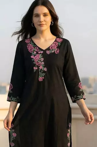 Women Floral Embroidered Thread Work Cotton Kurta with Trousers
