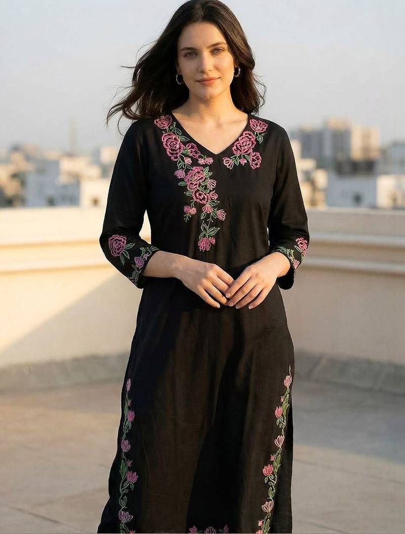 Women Floral Embroidered Thread Work Cotton Kurta with Trousers