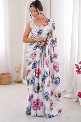 Multicolor chiffon digital print siroski diamond work saree