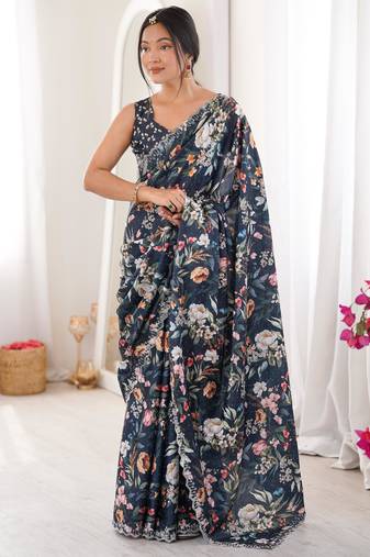 Black chiffon digital print siroski diamond work saree