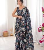 Black chiffon digital print siroski diamond work saree