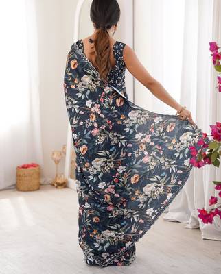 Black chiffon digital print siroski diamond work saree 4