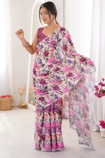Wine chiffon digital print siroski diamond work saree