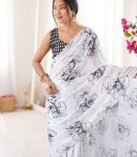 White chiffon digital print siroski diamond work saree