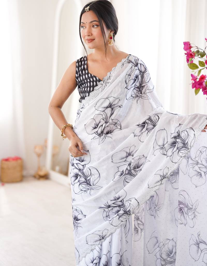 White chiffon digital print siroski diamond work saree