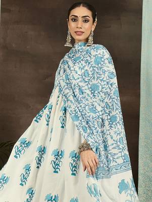 Floral Printed Empire Cotton Kurta With Trousers & Dupatta 1