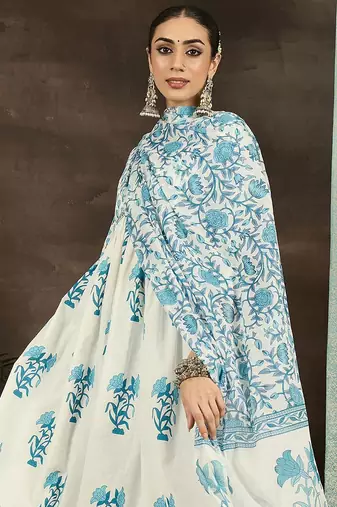 Floral Printed Empire Cotton Kurta With Trousers & Dupatta