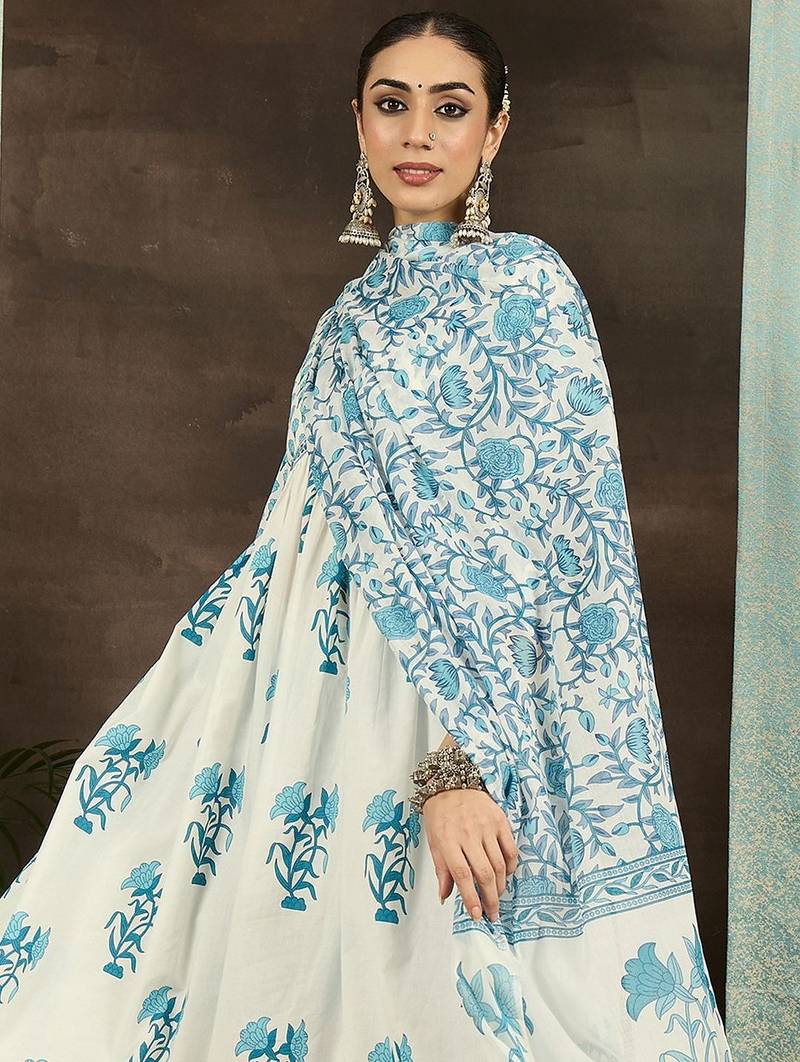 Floral Printed Empire Cotton Kurta With Trousers & Dupatta