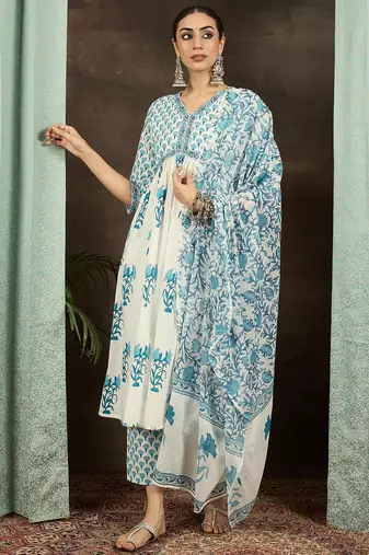 Floral Printed Empire Cotton Kurta With Trousers & Dupatta