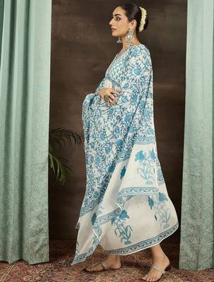 Floral Printed Empire Cotton Kurta With Trousers & Dupatta 3