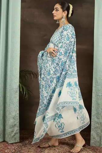 Floral Printed Empire Cotton Kurta With Trousers & Dupatta