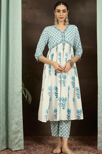 Floral Printed Empire Cotton Kurta With Trousers & Dupatta