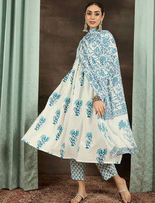 Floral Printed Empire Cotton Kurta With Trousers & Dupatta 6
