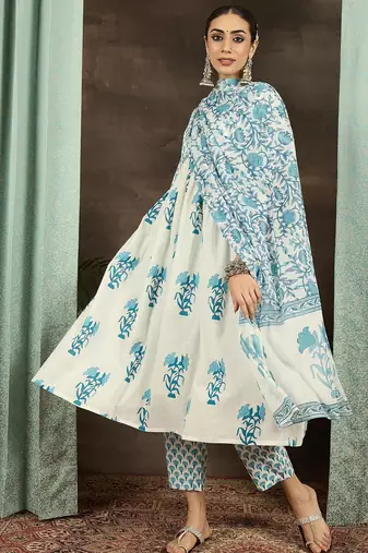 Floral Printed Empire Cotton Kurta With Trousers & Dupatta