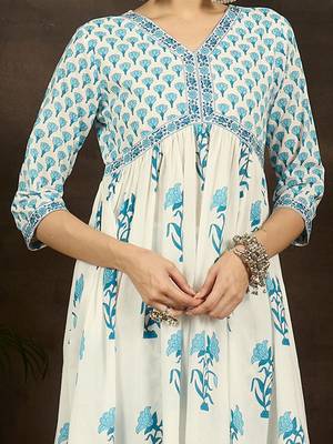Floral Printed Empire Cotton Kurta With Trousers & Dupatta 7