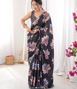 Black chiffon digital print siroski diamond work saree