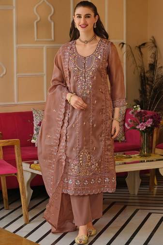 Women Floral Embroidered Panelled Beads and Stones Kurta with Trousers & With Dupatta