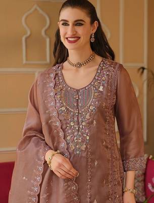Women Floral Embroidered Panelled Beads and Stones Kurta with Trousers & With Dupatta 3