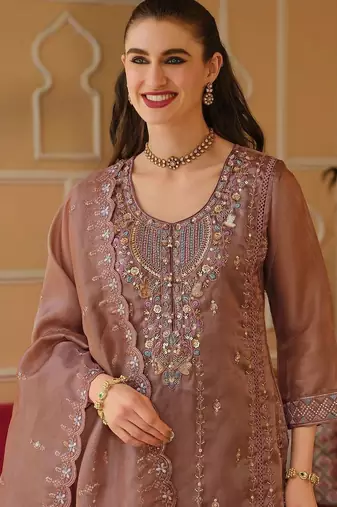 Women Floral Embroidered Panelled Beads and Stones Kurta with Trousers & With Dupatta