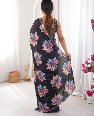Black chiffon digital print siroski diamond work saree 3