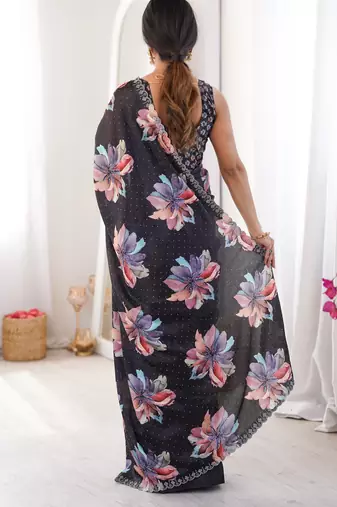 Black chiffon digital print siroski diamond work saree