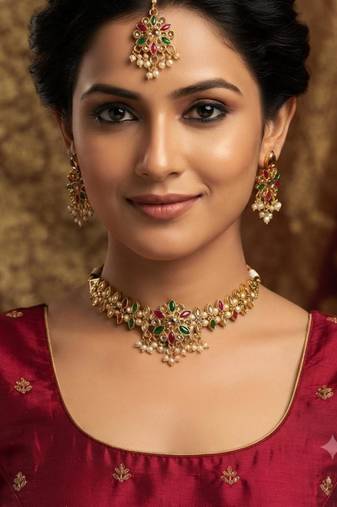 multicolor color necklace set with earrings & maang tikka | kundan & agate stone | gold plated