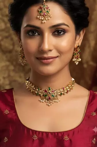 Necklace set with earrings & maang tikka | kundan & agate stone | gold plated